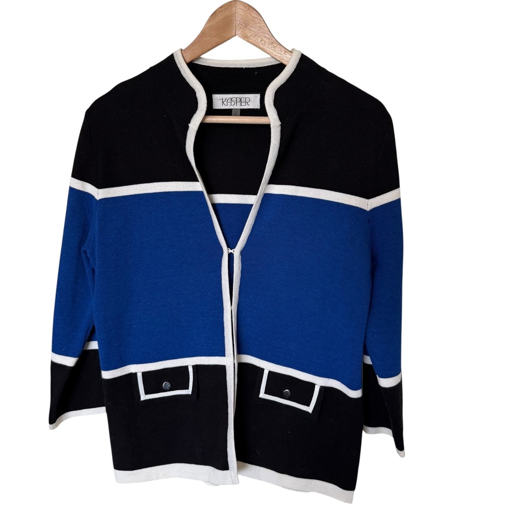 Kasper Cardigan Women Small Blue Black‎ White Excellent Colorblock Knit Top twee